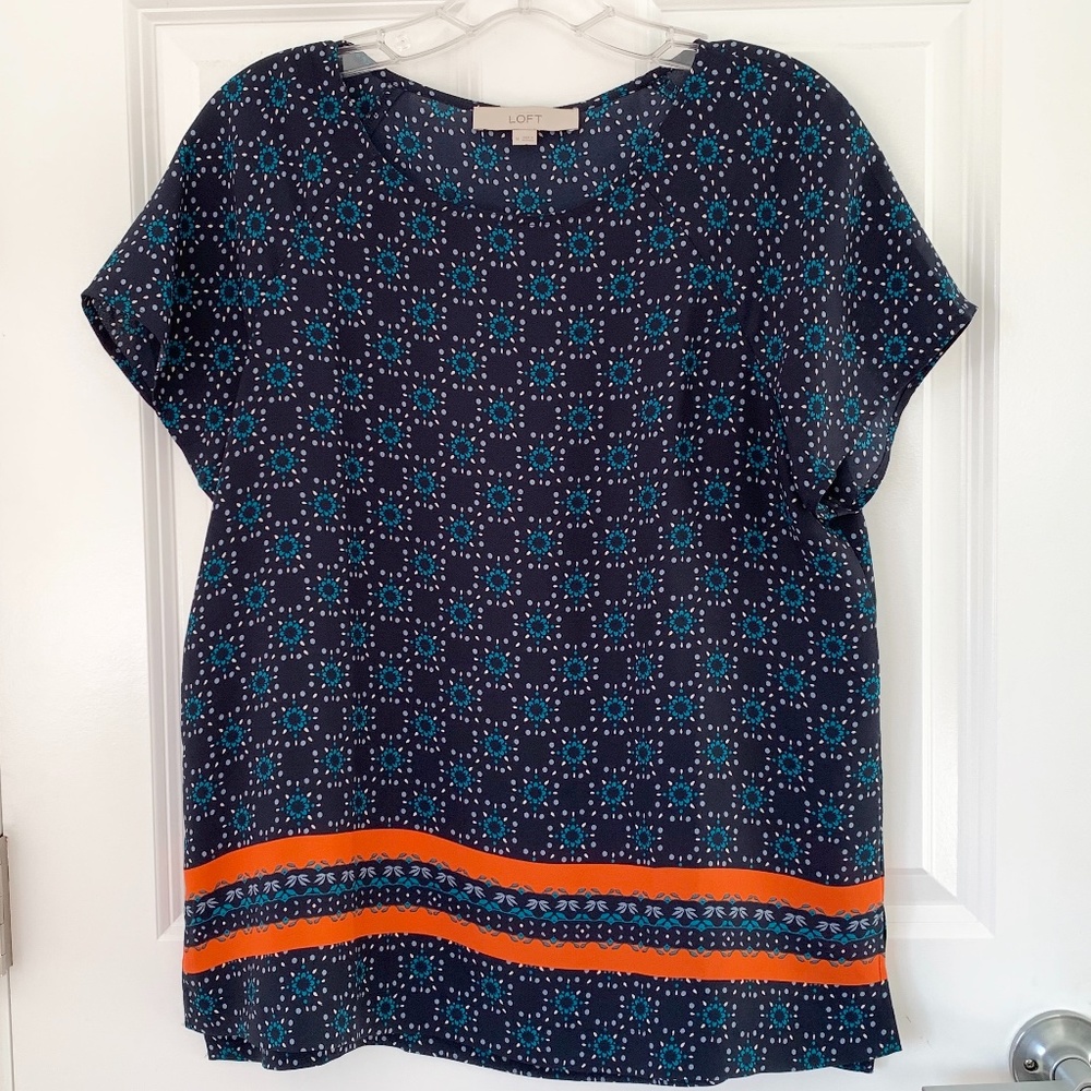 LOFT Navy Blouse Top M Flowers Geometric Pattern